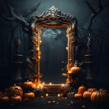 A large ornate mirror stands in a dark and mystical forest, its reflection revealing a fog-filled path lined with glowing candles. Pumpkins adorn the scene, creating an enchanting and spooky Halloween atmosphere.