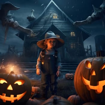 A young girl in a witch costume stands in front of a haunted house with pumpkins in front of her.