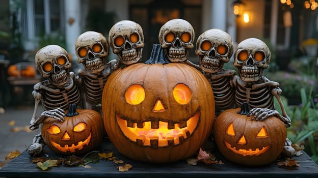 Skeletons and Jack-o'-Lanterns on a porch for Halloween, the pumpkins are carved and lit with candles, creating a spooky but fun atmosphere.