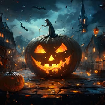 A spooky Halloween scene with a glowing jack-o-lantern on a cobblestone street in a village under a dark sky with bats flying.