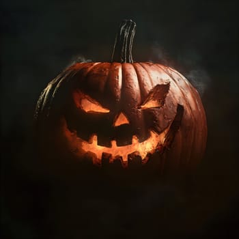 A carved jack-o-lantern with a menacing grin glows ominously in the dark. The pumpkin is surrounded by smoke and shadows, creating a spooky atmosphere.