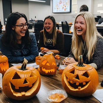 Three friends laughing together while carving jack-o-lanterns. This image captures the joy and happiness of the Halloween season.