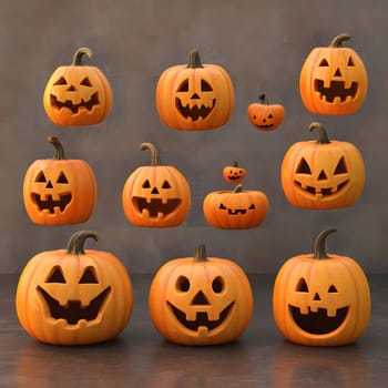 A collection of Jack-o-Lantern pumpkins, arranged on a table, perfect for halloween decorations or halloween parties.