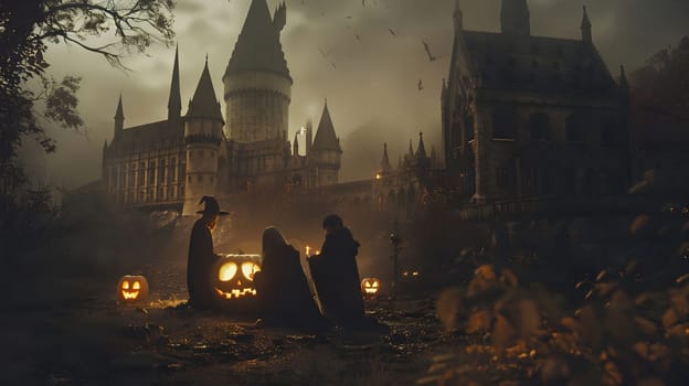 A group of witches and wizards celebrate Halloween near Hogwarts castle. The foggy night and jack-o'-lanterns create a magical and spooky atmosphere.