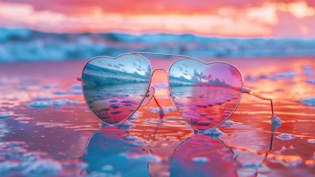 Heart-shaped sunglasses reflect a romantic beach scene at sunset. with soft pastel tones, this whimsical valentine's day design evokes a fun, summery vibe, perfect for greeting cards or romantic prints.