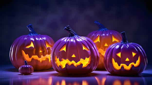 Four illuminated jack-o-lanterns, carved with spooky faces, stand on a dark background, ready for Halloween festivities.