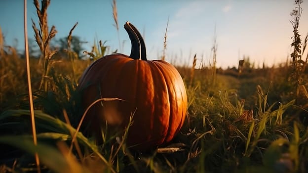 A pumpkin lies in a field of tall grass, basking in the warm glow of the setting sun. The orange hues of the pumpkin contrast beautifully with the lush green foliage.