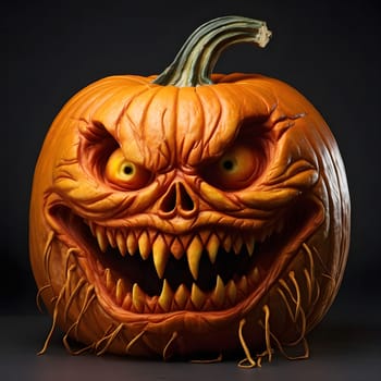 A close-up of a intricately carved pumpkin with an evil grin and sharp teeth. The orange pumpkin is lit by a single light source, casting shadows that accentuate the terrifying details of the carving.