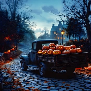A vintage truck loaded with pumpkins drives down a country road on a foggy Halloween night.