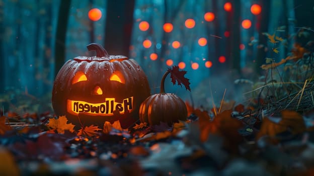 Two jack-o'-lanterns illuminated against a dark forest background. The main pumpkin features the word 'halloween' carved into it