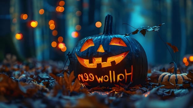 A carved pumpkin glowing with candle light, placed in a dark, spooky forest. The scene embodies the essence of Halloween