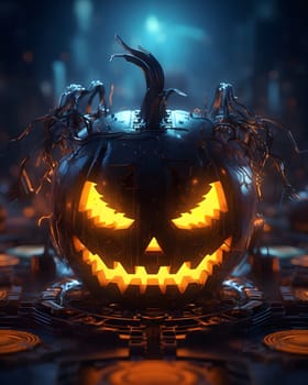 A glowing cyberpunk pumpkin with wires and circuits, a futuristic take on a traditional Halloween symbol.