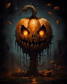 A menacing pumpkin tree with a grotesque grin and glowing eyes. The dark and eerie atmosphere adds to the frightening nature of the scene.