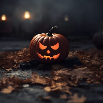 A close-up of a carved jack-o-lantern glowing in the dark with a creepy smile.