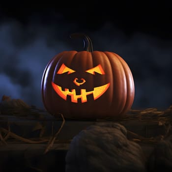A glowing jack-o'-lantern with a carved scary face, set against a dark background.