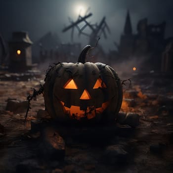 A jack-o-lantern with a sinister grin sits in a dark and eerie landscape, surrounded by fog and ruins, creating an ominous atmosphere. The dim lighting casts long shadows, enhancing the spooky mood.