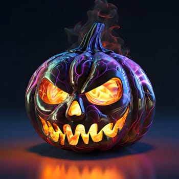 A close-up view of a glowing Halloween pumpkin, featuring a sinister smile and menacing eyes, radiating an eerie light that casts shadows against a dark background.
