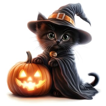 A black cat dressed as a witch holds a jack-o'-lantern, perfect for a Halloween celebration.