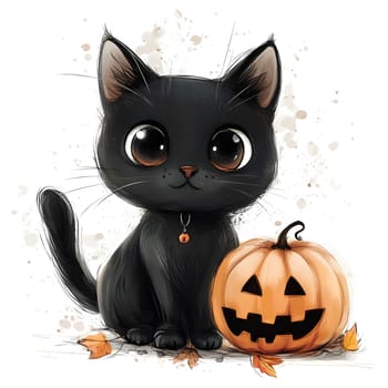 A cute black cat with big eyes smiles next to a jack o lantern pumpkin on a white background.