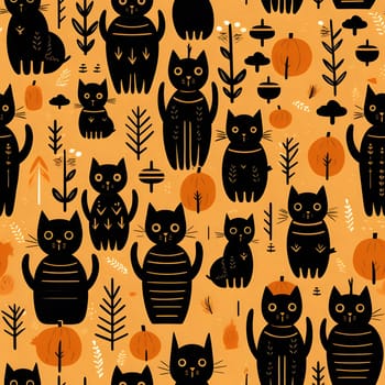 A seamless pattern featuring black cats on an orange background with pumpkins and leaves.