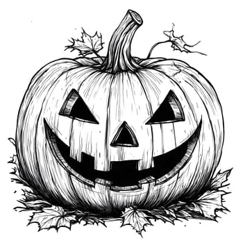 A detailed illustration of a jack-o-lantern with a wide grin and carved facial features. The pumpkin sits amongst fallen leaves, suggesting the season of autumn. The style is black and white, creating a vintage and spooky effect.