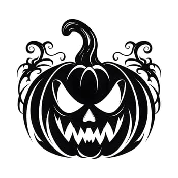 A black and white illustration of a scary jack-o'-lantern pumpkin with a menacing expression