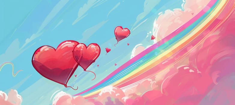 Playful valentine's day banner showcasing cartoon-style hearts soaring through a vibrant sky with colorful rainbow trails. the whimsical design allows for text placement in the upper section, perfect for greeting cards.