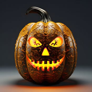A close-up shot of a carved pumpkin with a spooky expression, lit from within, against a dark background.