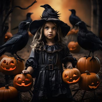 A little girl dressed as a witch, surrounded by crows and pumpkins. The setting is dark and mysterious, creating a spooky atmosphere. The girl's costume and the surrounding props evoke a sense of Halloween magic.
