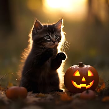 A cute kitten looks at a glowing jack-o'-lantern during the Halloween season.