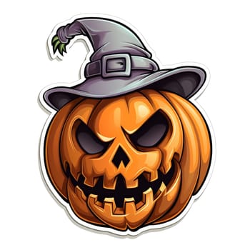 A grinning jack-o-lantern wearing a witch's hat for a spooky Halloween decoration.