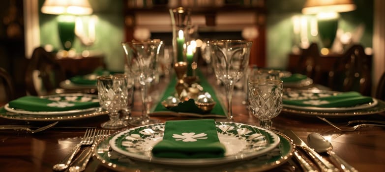 Elegantly arranged st. patrick’s day dining table featuring crystal glassware, green napkins, and shamrock-patterned plates. the sophisticated dining room is accentuated by warm candlelight, enhancing the festive atmosphere.