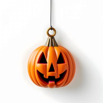 A classic orange jack-o'-lantern with a carved smile, hanging from a string against a white background.