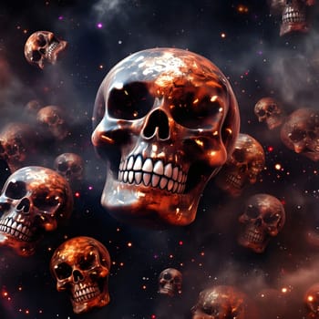 A collection of 3D skulls float through a starry night sky. The skulls are rendered in a metallic gold and bronze color scheme, adding to the otherworldly atmosphere.