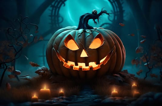 A glowing jack-o-lantern with an evil grin sits in a dark forest.