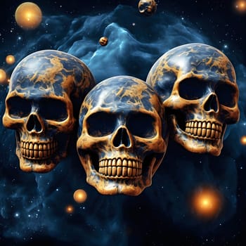 Three skulls are floating in a vast and mysterious space filled with nebulae and stars. They are illuminated by a golden glow, creating a haunting and surreal scene.