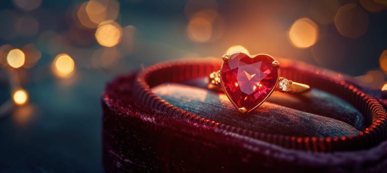Luxurious valentine's day-themed image showcasing a heart-shaped ruby ring in an elegant velvet jewelry box. the soft, glowing light enhances the gem's allure against a rich, bokeh background, ideal for design and print.