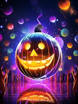 A glowing pumpkin floats above a crowd of partygoers at a Halloween celebration.
