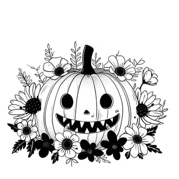 A hand-drawn illustration of a Jack-o'-lantern surrounded by black and white floral decoration. The pumpkin has a cute, creepy smile with large eyes and sharp teeth. The illustration is perfect for Halloween decorations or as a spooky addition to any design.