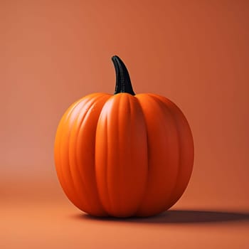 A close-up shot of a single orange pumpkin against a solid orange background. The pumpkin is in focus, while the background is blurred.