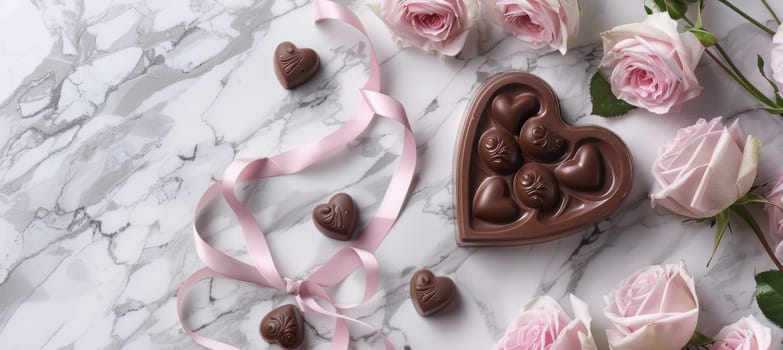 Heart-shaped chocolates elegantly arranged in a box on a marble surface, surrounded by delicate pink roses and soft pink ribbons. perfect for conveying romance and elegance in valentine's day designs.