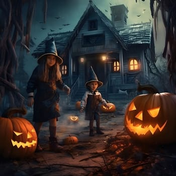 Two children dressed as witches trick-or-treating in front of a spooky haunted house on Halloween night.