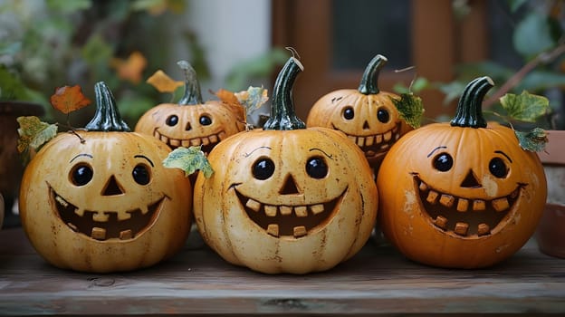 A group of smiling jack-o-lanterns are ready for Halloween. These pumpkins are carved with spooky faces, big eyes, and teeth.