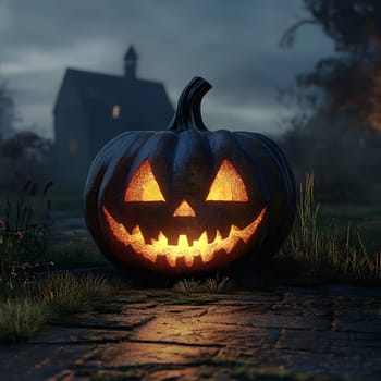 A glowing jack-o'-lantern with a carved grin sits in front of a house in the dark.