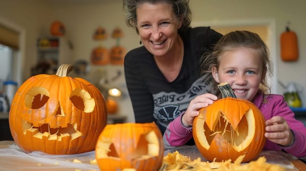 A mother and daughter carve pumpkins together, celebrating the fun and spirit of Halloween.