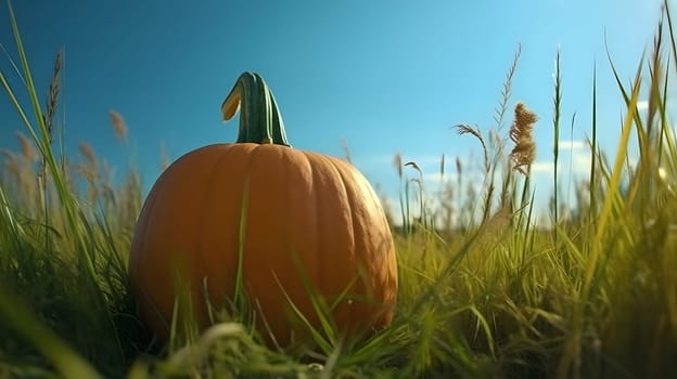 A single pumpkin sits in a field of grass, with the blue sky in the background.