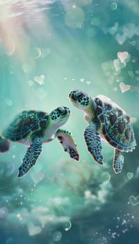 Two turtles with heart-shaped shells swim together in a serene, light-filled ocean. the background features soft blues and greens, dotted with hearts, creating a romantic and cheerful atmosphere.
