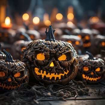 Close up of Jack-o'-lantern pumpkins with scary faces lit up from the inside. The pumpkins are carved to look creepy and are arranged in a row against a dark background.