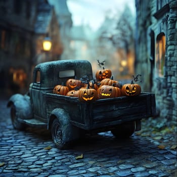 An old vintage truck filled with glowing jack-o'-lanterns driving down a spooky cobblestone street in a Halloween town.