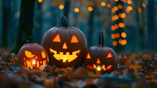 Three carved jack-o-lanterns glowing in a dark forest. The pumpkins are lit by candles, casting an eerie glow against the dark background.